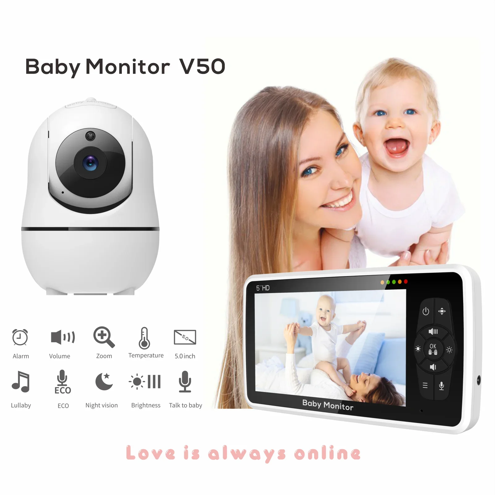 New 5 Inch Video Baby Monitor with Camera and Audio, 4X Zoom, 22Hrs Battery
